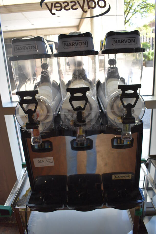 Narvon OASIS 3-10 Stainless Steel Commercial Countertop 3 Hopper Slushie Machine on Stainless Steel 3 Tier Cart. 23x21x33, 19x31x31. Item Was in Working Condition on Last Day of Business. (lounge) - Image 4 of 6