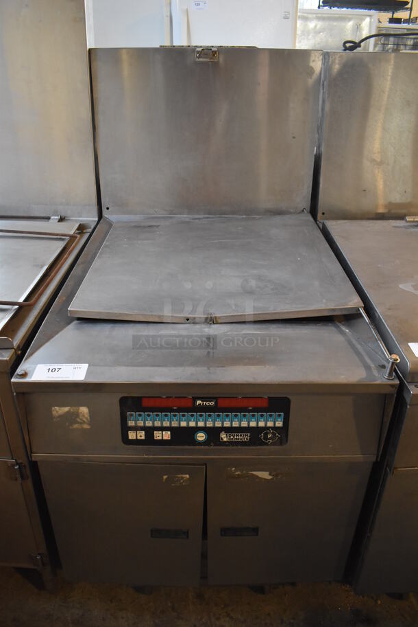 Pitco Frialator DD24RUFM Stainless Steel Commercial Natural Gas Powered Donut Fryer w/ Grease Trap. 72,000 BTU. 29x43x56
