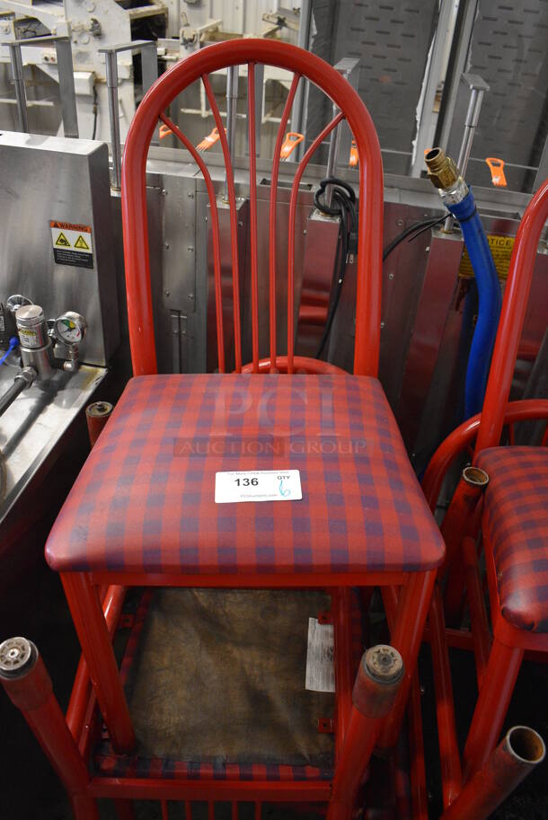 6 Red Metal Dining Chairs w/ Red and Blue Checkered Seat Cushions. 19x18x36. 6 Times Your Bid!