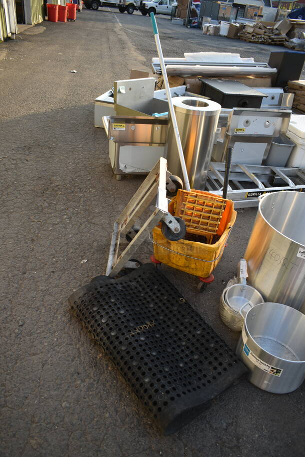 ALL ONE MONEY! Lot of Yellow Poly Mop Bucket, Black Anti Fatigue Floor Mat and Metal Dolly - Image 1 of 5