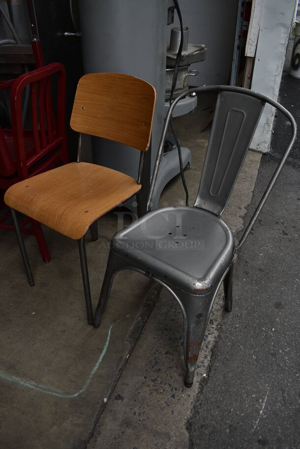 2 Various Dining Chairs; Wood Pattern on Metal Frame and Gray Metal Tolix Style Chair. 16x17x32, 17x17x34. 2 Times Your Bid! - Image 2 of 4