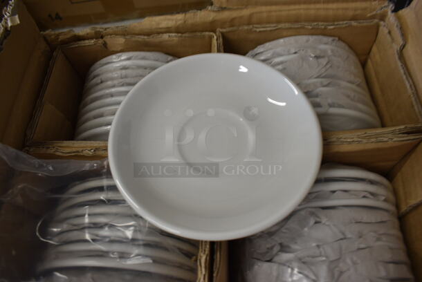 36 BRAND NEW IN BOX! Tuxton ALE-050 White Ceramic Saucers. 5x5x1. 36 Times Your Bid!