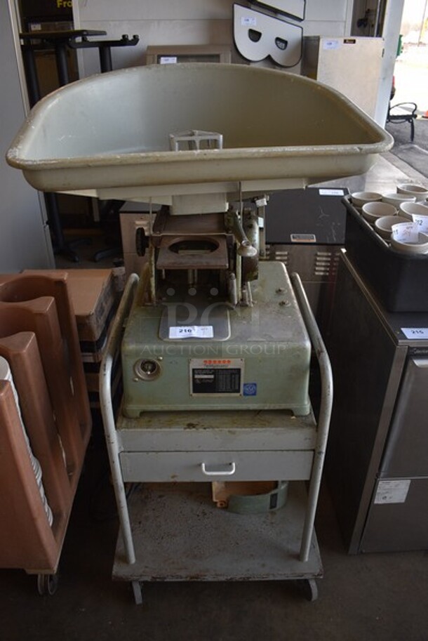Hollymatic Super Model 54 Metal Commercial Countertop Patty Making & Forming Machine w/ Tray on Metal Commercial Portable Cart. 32x30x56. Tested and Powers On But Parts Do Not Move