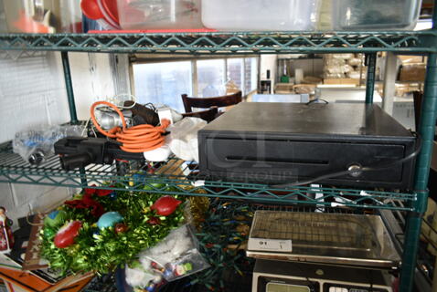 ALL ONE MONEY! Tier Lot of Various Items Including Black Metal Cash Drawer, Extension Cord, Trash Bags