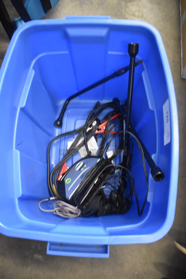 All ONE MONEY! Lot of Car Tools, Cables and Charge Cords in Blue Bin