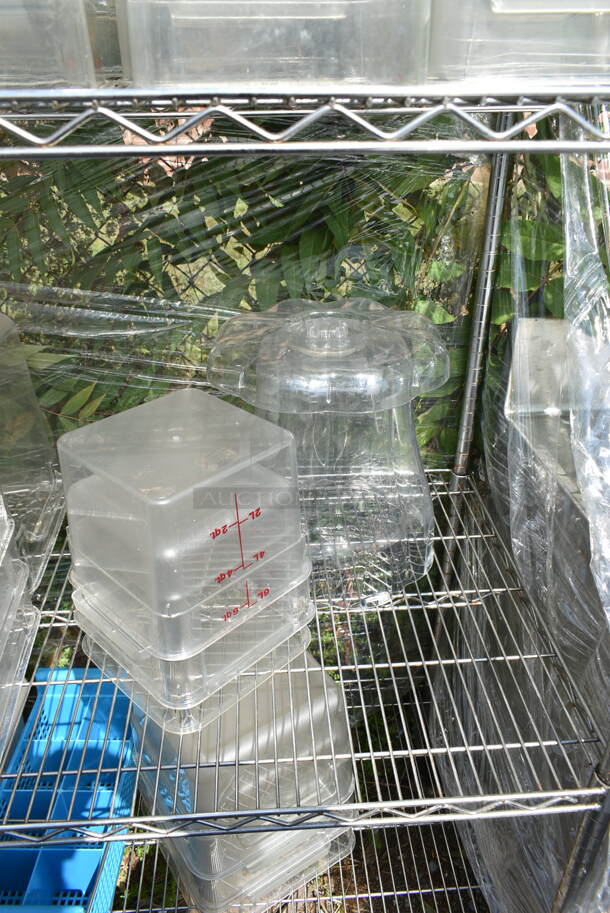 Chrome Finish 4 Tier Wire Shelving Unit w/ Contents Including Poly Bins, Poly Lids, Bus Bin. BUYER MUST DISMANTLE. PCI CANNOT DISMANTLE FOR SHIPPING. PLEASE CONSIDER FREIGHT CHARGES. - Image 6 of 12