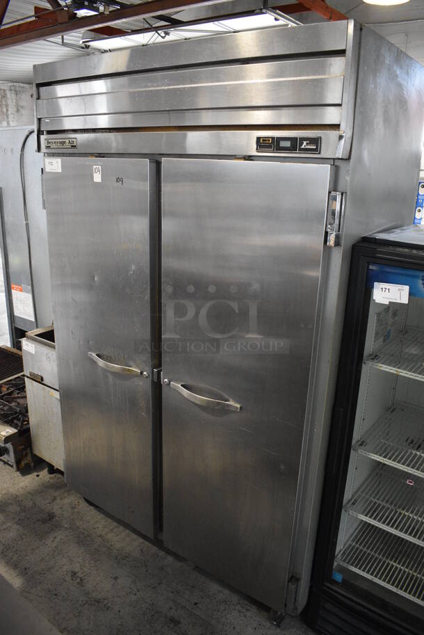 Beverage Air Model ER48-1AS Stainless Steel Commercial 2 Door Reach In Cooler w/ Metal Rack on Commercial Casters. 115 Volts, 1 Phase. 52x32x84. Tested and Powers On But Does Not Get Cold