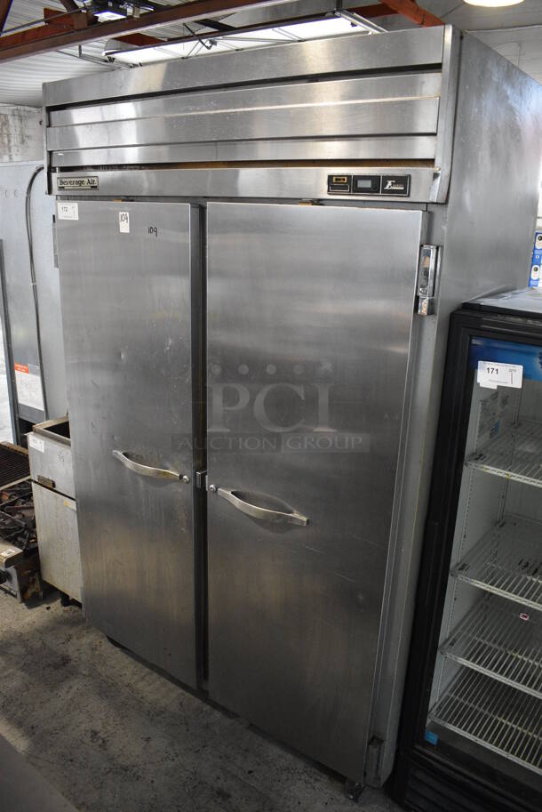 Beverage Air Model ER48-1AS Stainless Steel Commercial 2 Door Reach In Cooler w/ Metal Rack on Commercial Casters. 115 Volts, 1 Phase. 52x32x84. Tested and Powers On But Does Not Get Cold - Image 1 of 6