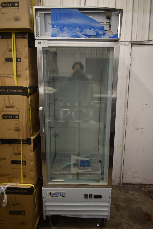 BRAND NEW SCRATCH AND DENT! 2023 Avantco 178GDC12FHCW Metal Commercial Single Door Reach In Freezer Merchandiser w/ Poly Coated Racks. 115 Volts, 1 Phase. Tested and Working! - Image 1 of 6