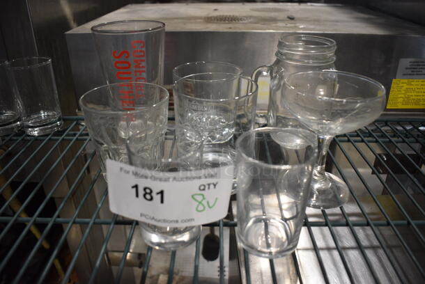 8 Various Glasses Including Beverage Glasses. Includes 3.5x3.5x4.5. 8 Times Your Bid!