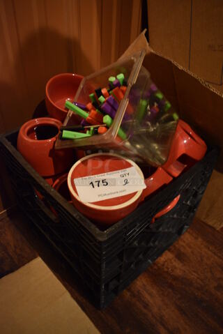 ALL ONE MONEY! Lot of Red Ceramic Fondue Pot Stands and Skewers. (bar)