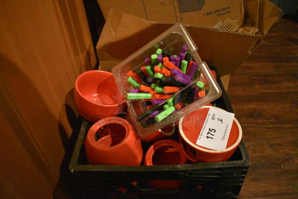 ALL ONE MONEY! Lot of Red Ceramic Fondue Pot Stands and Skewers. (bar) - Image 2 of 4