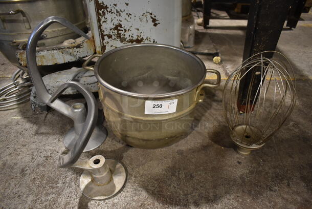 ALL ONE MONEY! Lot of DS30 Metal 30 Quart Mixing Bowl, 2 DS30ED Dough Hook Attachment and DS30D 30 Quart Whisk Attachment.  - Image 1 of 11