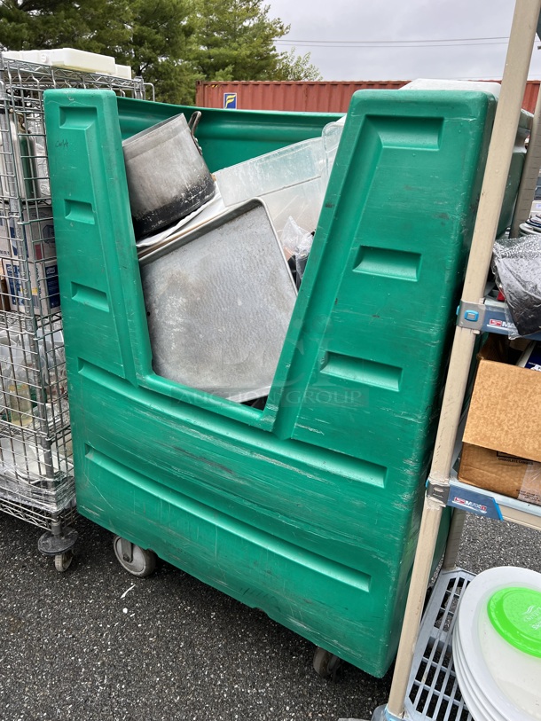 Green Poly Portable Bin on Commercial Casters w/ Contents Including Stock Pot and Poly Bins. 48x26x65 - Image 6 of 9