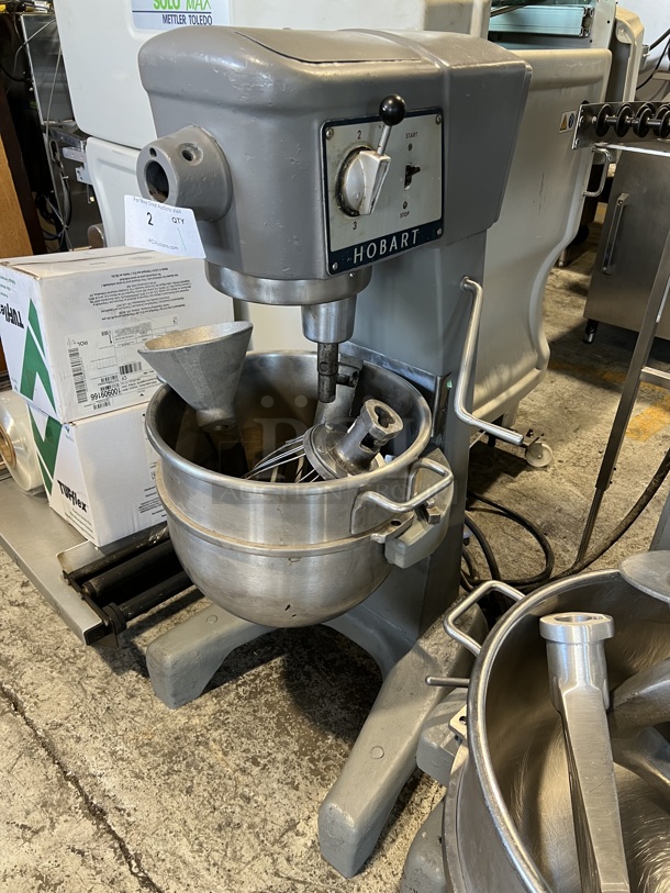 Hobart Model D-300 Metal Commercial Floor Style 30 Quart Planetary Dough Mixer w/ Stainless Steel Mixing Bowl, Paddle, Whisk and Dough Hook Attachments. 230 Volts, 1 Phase. 21x22x45