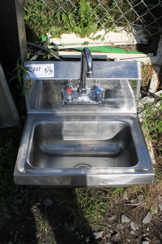 Stainless Steel Commercial Single Bay Wall Mount Sink w/ Faucet and Handles.