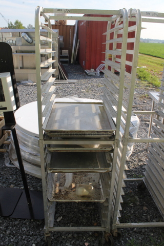 Metal Commercial Pan Transport Rack w/ 9 Metal Baking Pans on Commercial Casters.