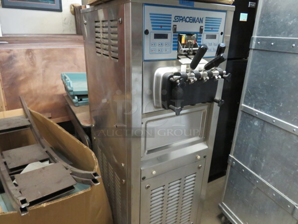 One Spaceman 2 Flavor Twist Water Cooled Frozen Yogurt Machine On Casters. 220 Volt. 3 Phase. Model# 6378AW. 27X33X60.  - Image 4 of 4