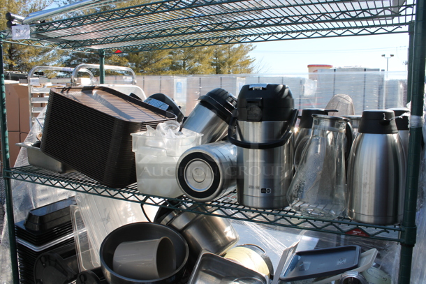 Metro Green Metal 4 Tier Wire Shelving Unit w/ Contents Including Air Pots and Urns. BUYER MUST DISMANTLE. PCI CANNOT DISMANTLE FOR SHIPPING. PLEASE CONSIDER FREIGHT CHARGES. - Image 4 of 6