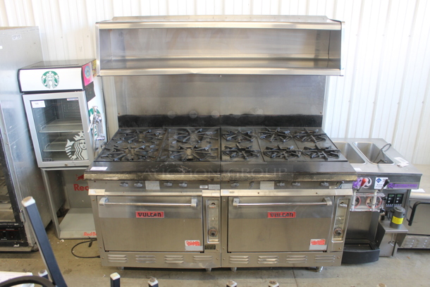 Vulcan H45 Stainless Steel Commercial Natural Gas Powered 10 Burner Range w/ 2 Ovens, Over Shelf and Back Splash.