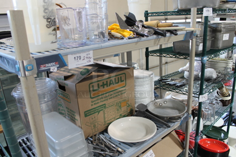 ALL ONE MONEY! Two Tier Lot of Various Items Including Poly Bins, Utensils and Plates