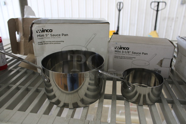 2 Various BRAND NEW IN BOX! Winco Metal Sauce Pans. 7.5x5x5, 5.5x3.25x3. 2 Times Your Bid!