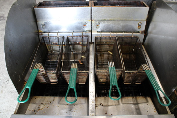 Pitco Frialator Stainless Steel Commercial Natural Gas Powered 2 Bay Fryer w/ 4 Fry Baskets and 2 Side Splash Guards on Commercial Casters. 31.5x35x50 - Image 3 of 10