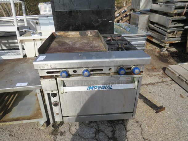 One Imperial Natural Gas 2 Burner/Griddle Range On Casters. 36X36X38 - Image 1 of 3
