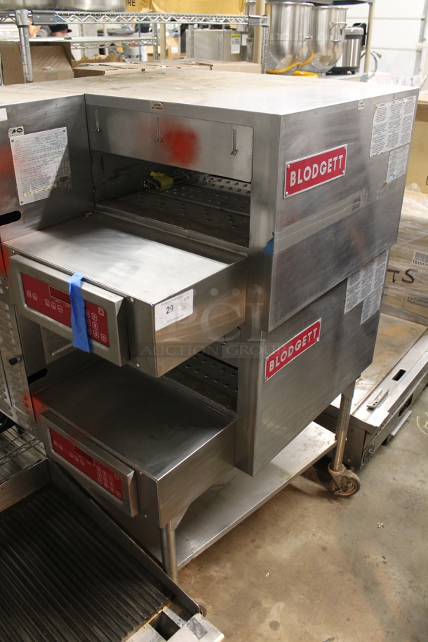 2 Blodgett MT1828G00097 Stainless Steel Commercial Natural Gas Powered Conveyor Pizza Ovens on Equipment Stand w/ Commercial Casters. No Conveyors. 38,000 BTU. 2 Times Your Bid!