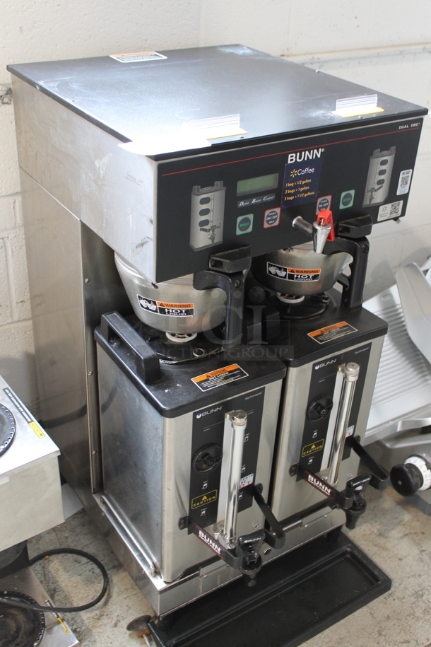 2015 Bunn DUAL SH DBC Stainless Steel Commercial Countertop Double Coffee Machine w/ Hot Water Dispenser/ 2 Coffee Server Satellites and 2 Metal Brew Baskets. 120/208-240 Volts, 1 Phase.  - Image 2 of 6