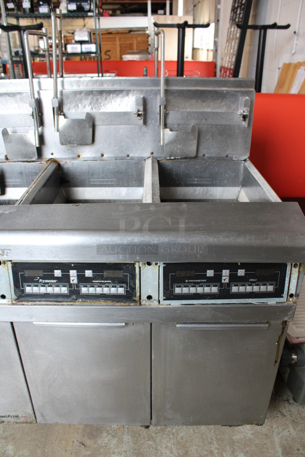 Frymaster Model FMP345EBLCSD Stainless Steel Commercial Floor Style Natural Gas Powered 3 Bay Deep Fat Fryer w/ Left Side Dumping Warming Station and Filtration System on Commercial Casters. 122,000 BTU. 68x35x55 - Image 2 of 11