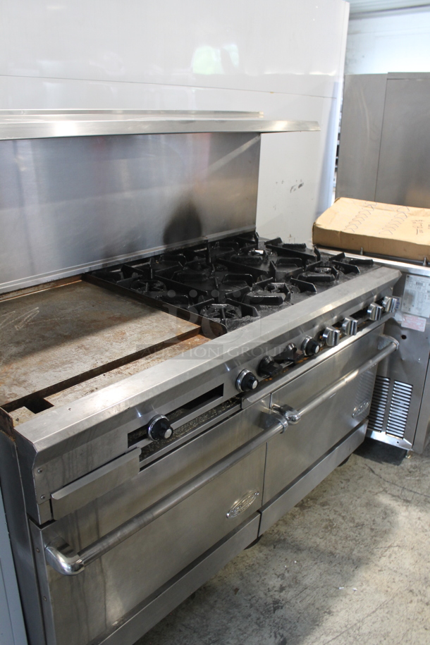 Dynamic Cooking Systems DCS 60-24G6-2N Stainless Steel Commercial Natural Gas Powered 6 Burner Range w/ Left Side Flat Top Griddle, 2 Ovens, Over Shelf and Back Splash on Commercial Casters. - Image 2 of 11
