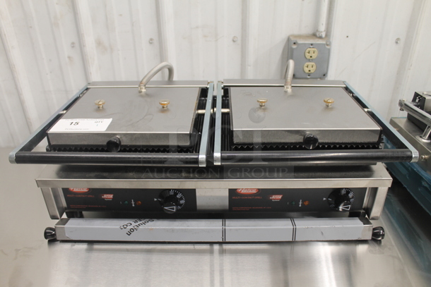 BRAND NEW SCRATCH AND DENT! Hatco MCG20G Stainless Steel Commercial Countertop Multi Contact Double Panini Sandwich Grill with Grooved Cast Iron Plates. 20" x 10 1/4" Cooking Surface. 240 Volts, 1 Phase.  - Image 1 of 7