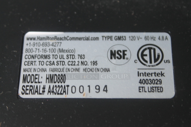 LIKE NEW! Hamilton Beach HMD880 MixStation Heavy-Duty Drink Mixer with 1/3 HP Induction Motor. 120 Volts, 1 Phase. Unit Has Only Been Used a Few Times! 
 Tested and Working! - Image 7 of 8