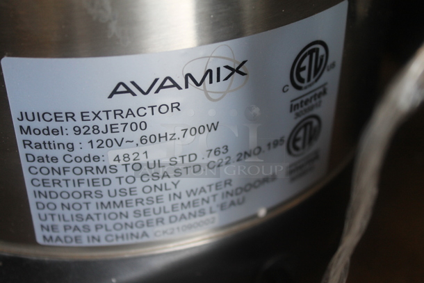 BRAND NEW! AvaMix 928JE700 Stainless Steel Commercial Countertop Continuous Feed Juice Extractor with Pulp Ejection. 120 Volts, 1 Phase. Tested and Working! - Image 5 of 5