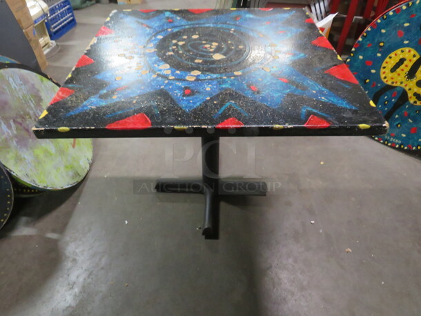 One 30X30X30 Abstract Painted  Table Top On A Pedestal Base.  - Image 2 of 2