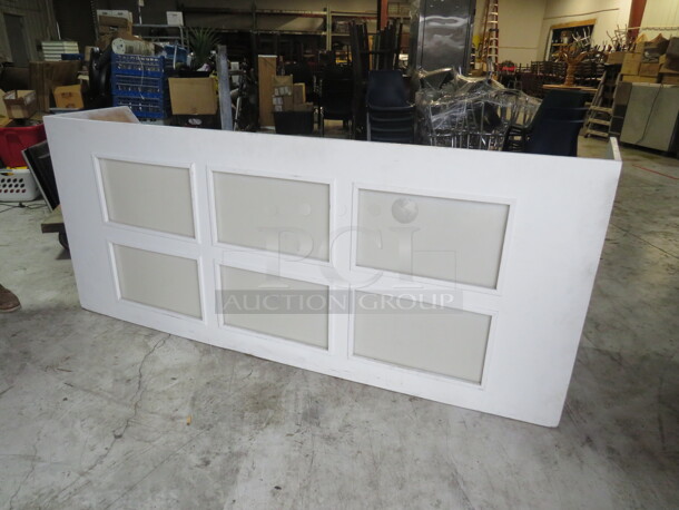 One WHITE WINDOW BAR! One Wooden Table Top Painted White With 6 Rectangular Cutouts With White Plexiglass. Missing 1 Plexiglass. 90X38X25.  - Image 2 of 2