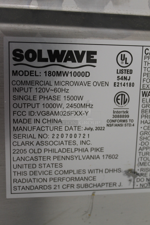2022 Solwave 180MW1000D Stainless Steel Commercial Countertop Microwave Oven. 120 Volts, 1 Phase. - Image 5 of 8