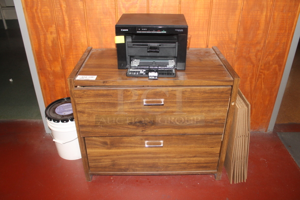ALL ONE MONEY! Lot of Various Items Including Wood Pattern 2 Drawer Cabinet, Canon Printer, Cardboard Boxes and Poly Bucket. BUYER MUST REMOVE. - Image 1 of 6