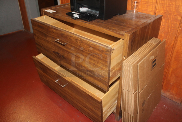 ALL ONE MONEY! Lot of Various Items Including Wood Pattern 2 Drawer Cabinet, Canon Printer, Cardboard Boxes and Poly Bucket. BUYER MUST REMOVE. - Image 5 of 6