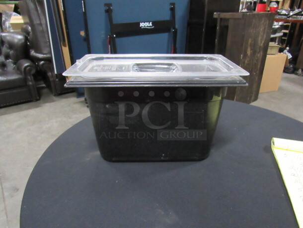One 1/3 Size 8 Inch Deep Black Food Storage Container With Lid. 