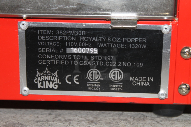 Carnival King 382PM30R Metal Commercial Countertop Popcorn Machine and Merchandiser. 110 Volts, 1 Phase. Tested and Working! - Image 6 of 10