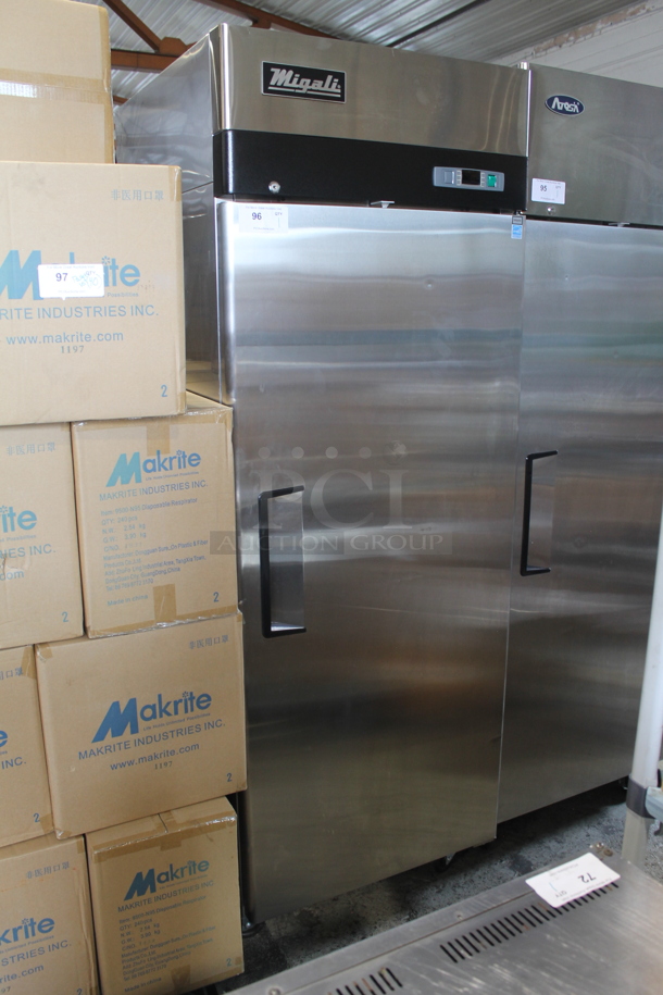 2020 Migali C-1R-HC ENERGY STAR Stainless Steel Commercial Single Door Reach In Cooler w/ Poly Coated Racks on Commercial Casters. 115 Volts, 1 Phase. Tested and Working! - Image 1 of 8