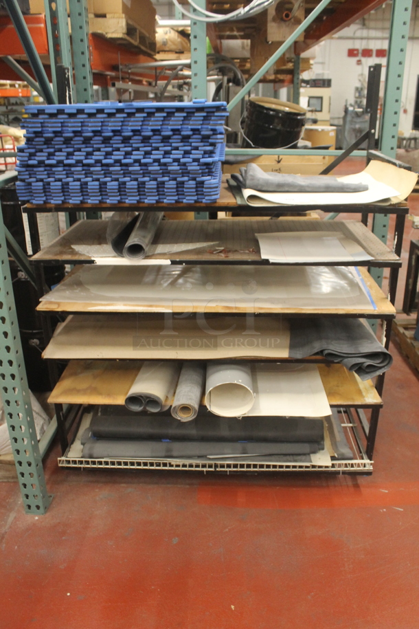 Metal and Wooden 6 Tier Shelving Unit w/ Contents Including Blue Mat Pieces. BUYER MUST REMOVE. - Image 1 of 5