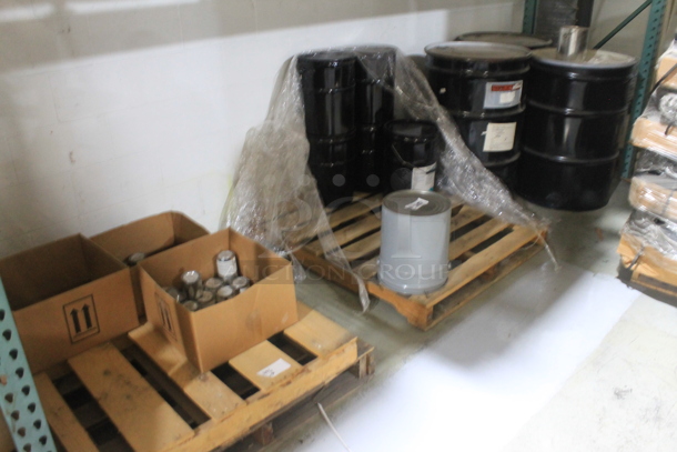ALL ONE MONEY! Lot of 2 Pallets w/ Contents and 3 Black Metal Barrels. BUYER MUST REMOVE. - Image 1 of 5