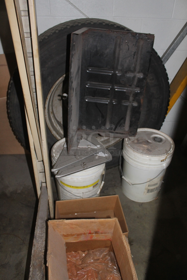 ALL ONE MONEY! Lot of Various Items Including Poly Buckets, Tire and Metal Pieces. BUYER MUST REMOVE. - Image 1 of 2