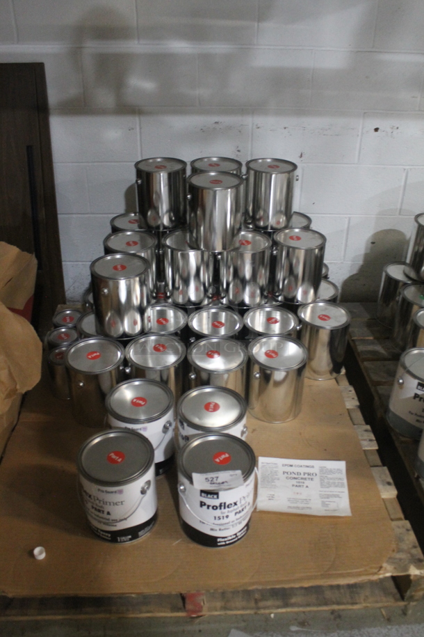 ALL ONE MONEY! PALLET LOT Including Metal Tins of Proflex Primer for Asphalt Roofs. BUYER MUST REMOVE. - Image 1 of 3