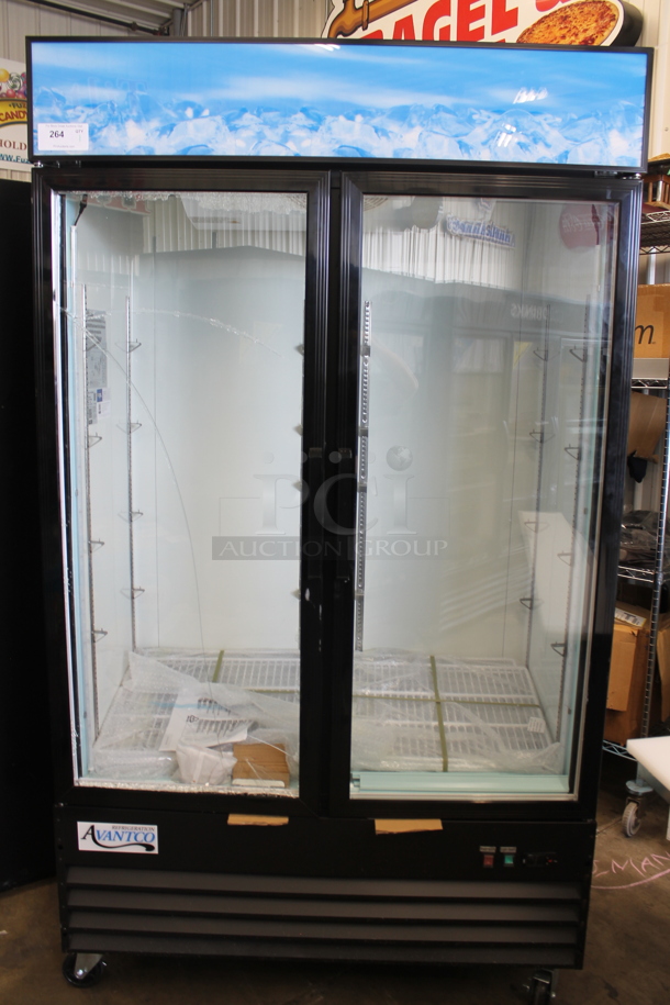 BRAND NEW SCRATCH AND DENT! Avantco 178GDC40HCB Avantco 178GDC40HCB Metal Commercial 2 Door Reach In Cooler Merchandiser w/ LED Lighting on Commercial Casters. 115 Volts, 1 Phase. Tested and Working!
 - Image 1 of 8