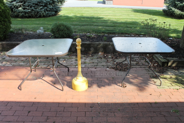 ALL ONE MONEY! Lot of 2 Square Patio Tables and Smokers Outpost. (outside) - Image 1 of 4
