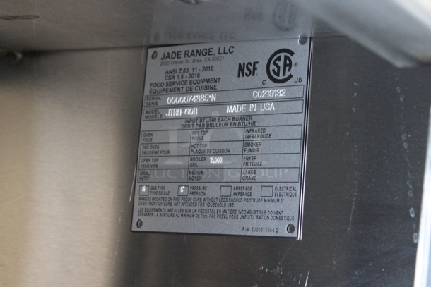 BRAND NEW! Jade Range JTRH-60B Stainless Steel Commercial Natural Gas Powered Charbroiler Grill w/ Under Shelf and 5 Gas Hoses on Commercial Casters.  - Image 8 of 8